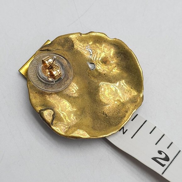 Vintage Brass Abstract Clip-On Earrings Textured Design Gold-Tone Backing - Picture 6 of 6